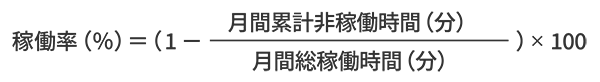 稼働率(%)=(1 - 月間累計非稼働時間(分) / 月間総稼働時間(分))× 100